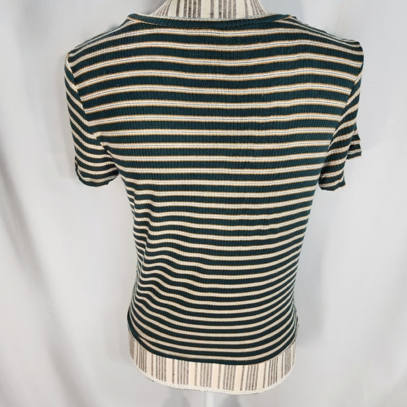 American Eagle Green Orange White Striped Short Sleeve Tie Front Hem Top Medium - Picture 5 of 9